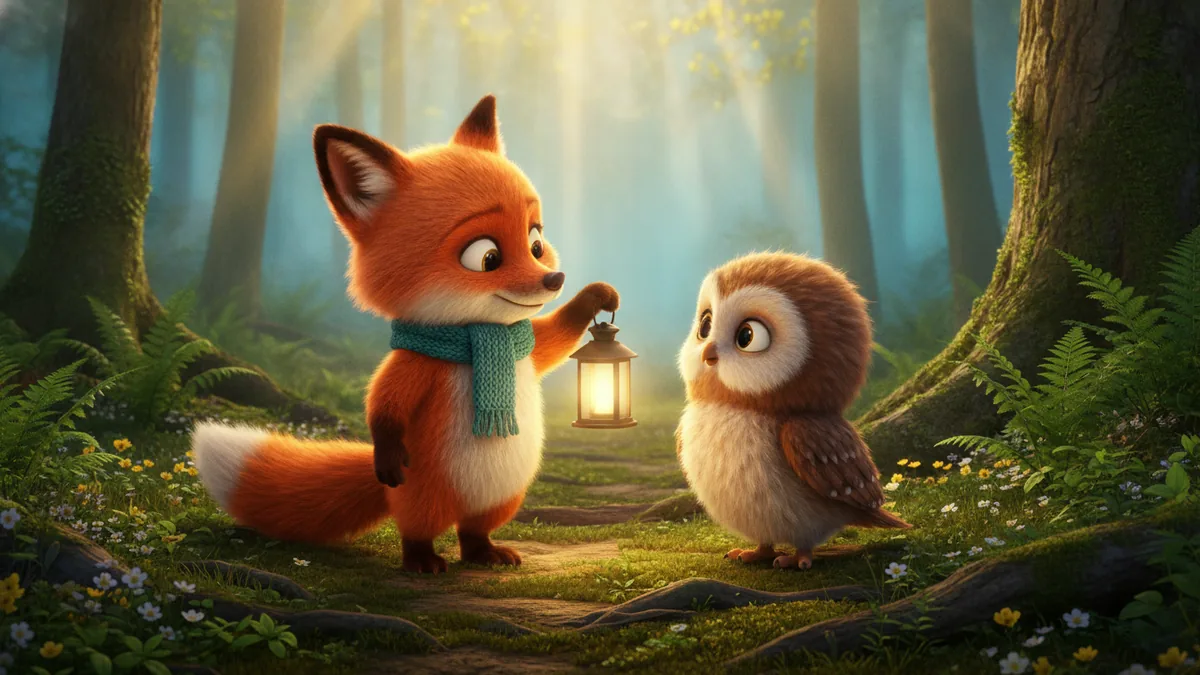 Fox sharing a glowing lantern with a little owl in a sunlit forest
