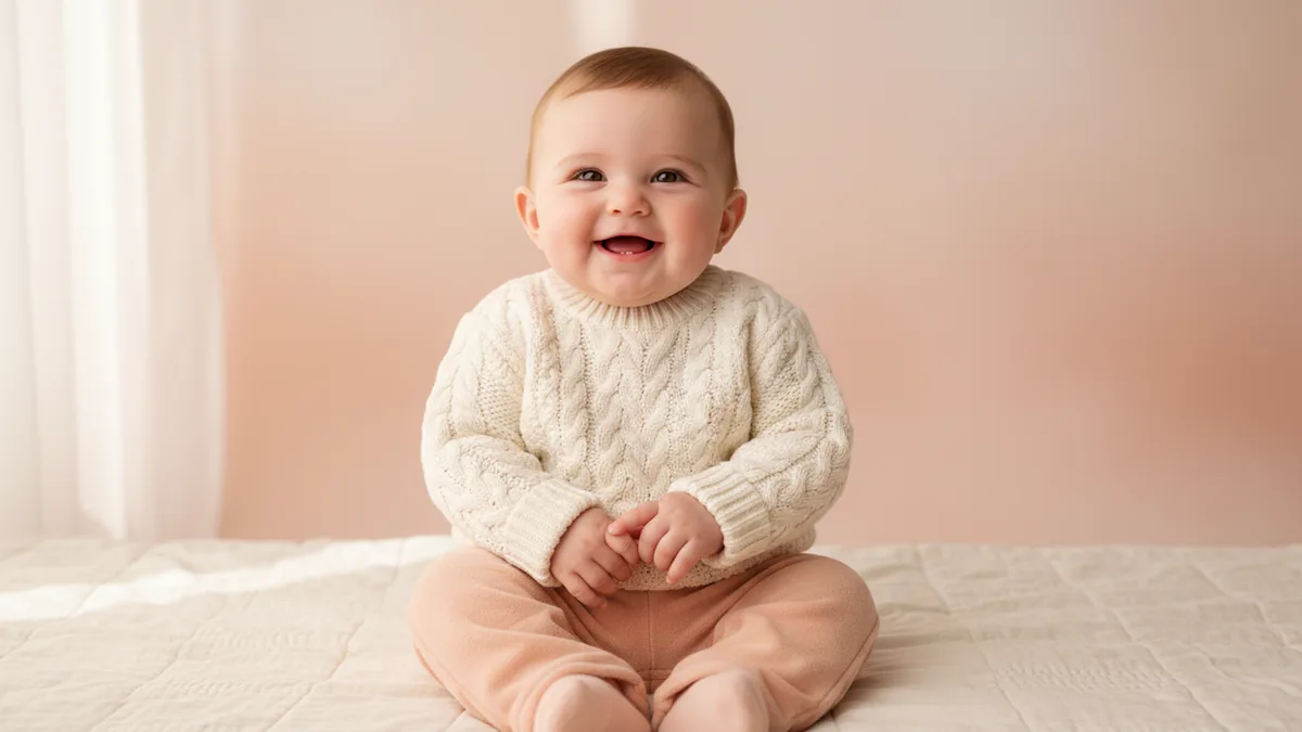 Smiling fictional baby in an ivory knit sweater against a soft peach studio backdrop