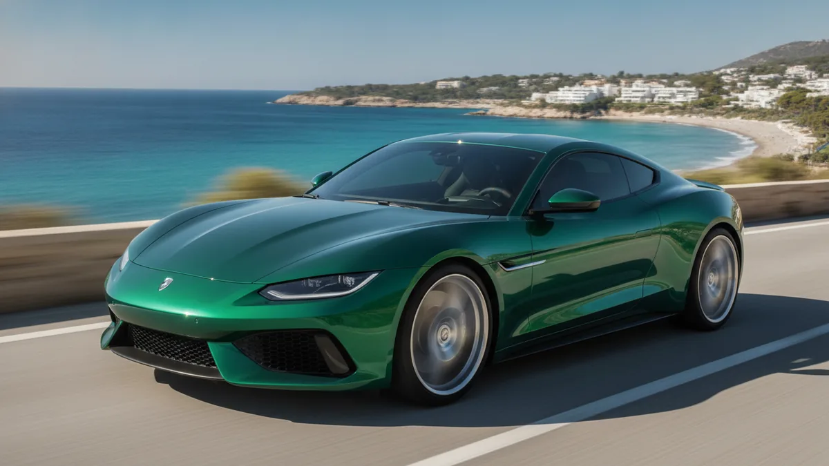 Emerald-green sports coupe driving beside a turquoise sea