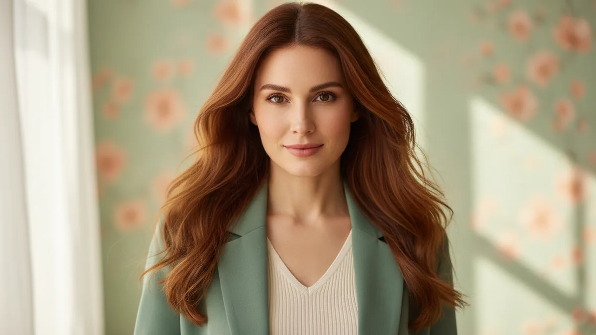 Fictional adult woman with auburn hair and a sage blazer in a bright pistachio studio