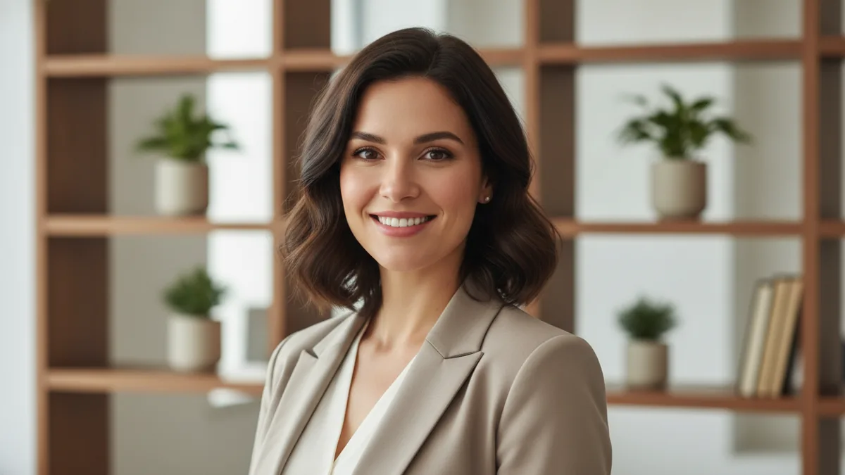 Smiling professional in a taupe blazer in a bright office