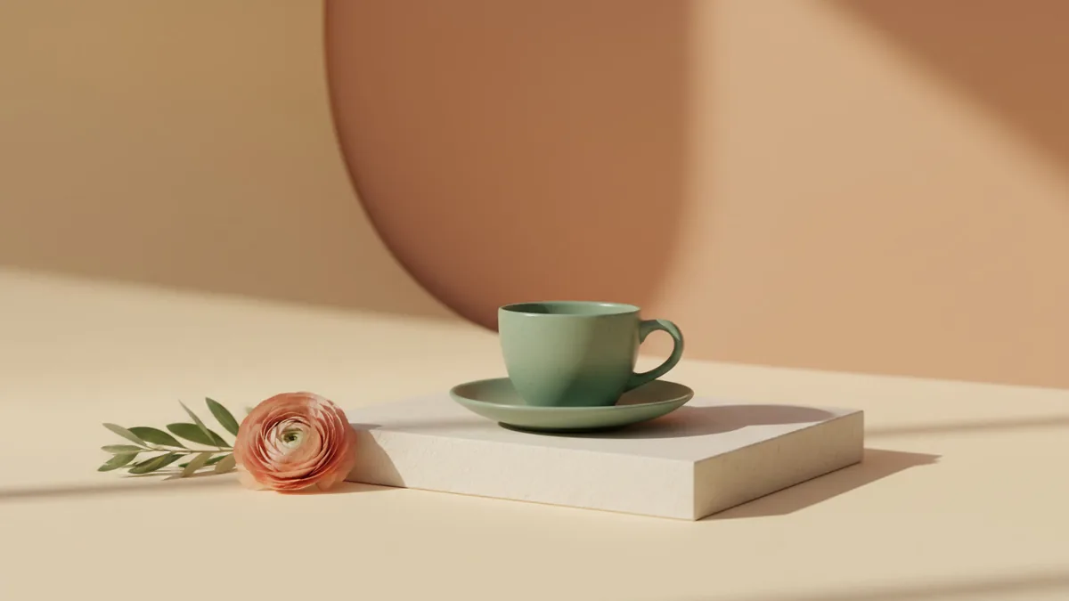 Sage ceramic cup on an ivory stone pedestal in a warm peach studio