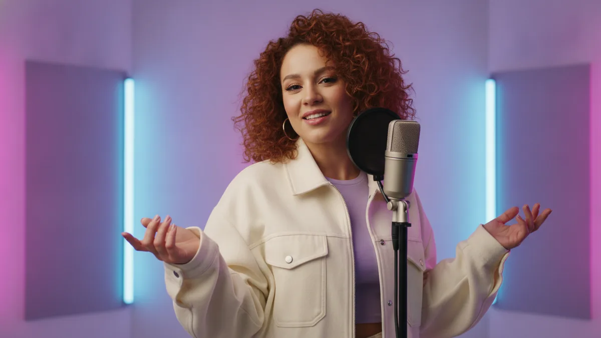 Auburn-haired performer beside a microphone in a lilac music studio