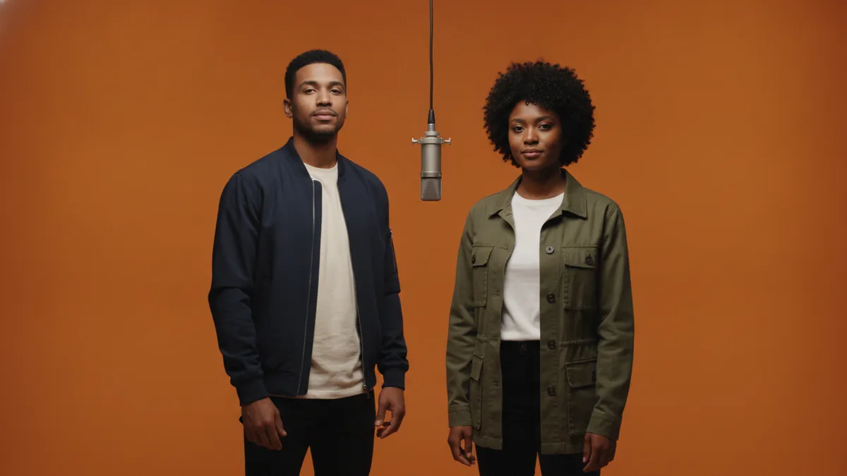 Two adult performers standing beside one central hanging microphone in an orange studio
