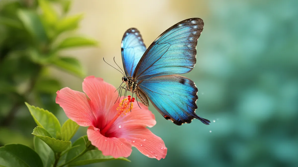 Blue butterfly taking flight above a pink flower