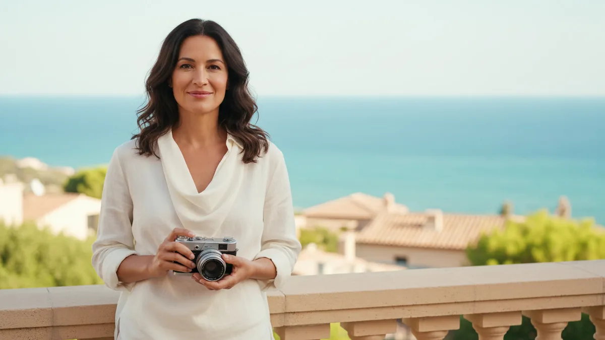 Adult traveler holding a silver camera on a sunlit terrace above a turquoise sea