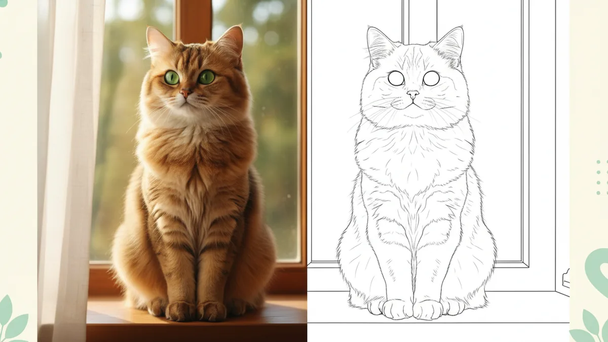 Golden tabby cat beside its black-and-white coloring-page illustration