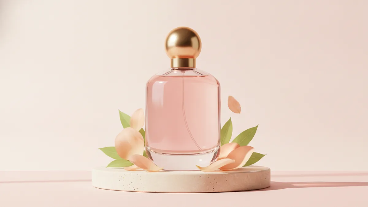 Blush-pink perfume bottle with peach petals in a bright beauty studio