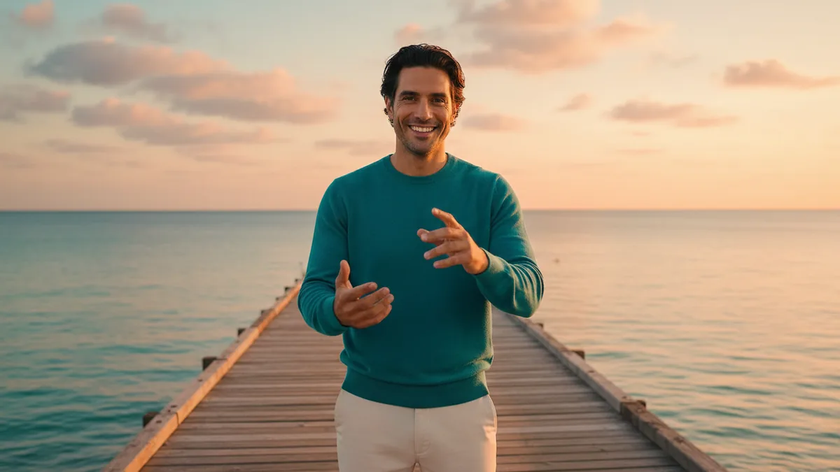 Adult performer in a teal sweater on a wooden seaside pier at sunset