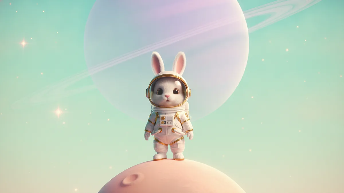 White rabbit astronaut on a pastel planet beneath a lavender ringed planet