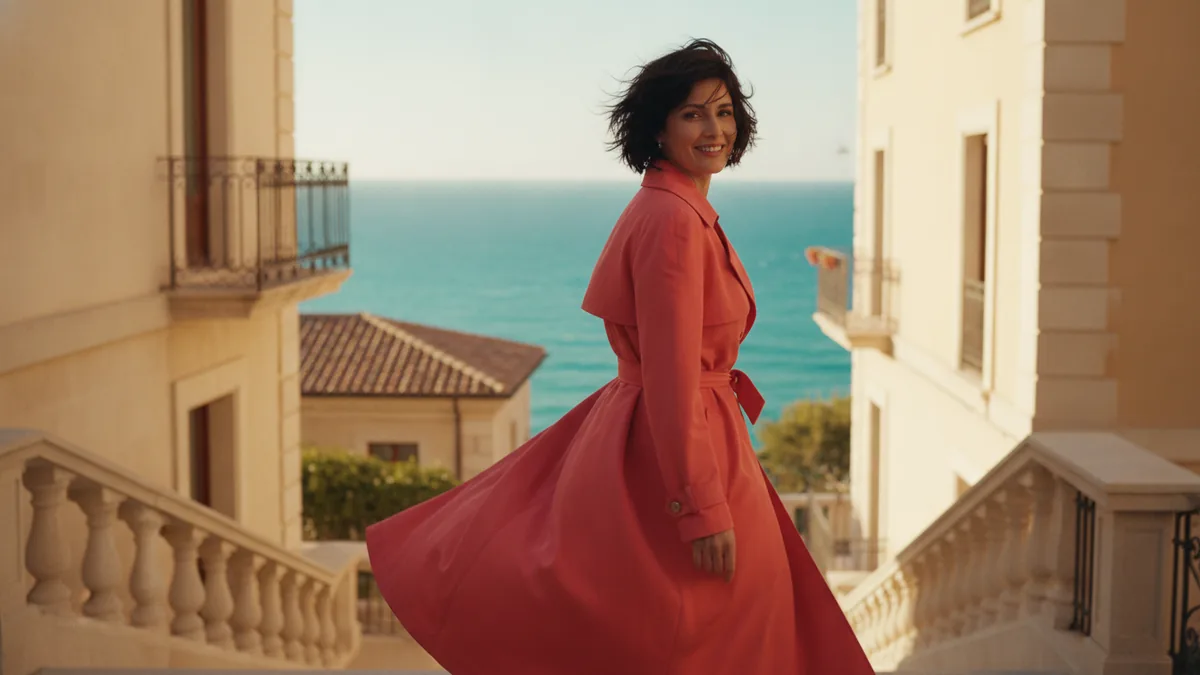 Woman in a coral coat in a sunlit seaside town