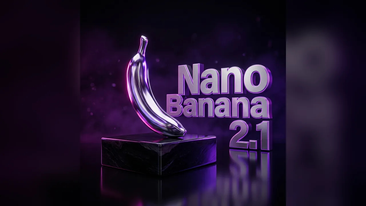 Nano Banana 2.1 output: a chrome banana on a black pedestal beside 3D lettering that reads Nano Banana 2.1, on a dark violet background